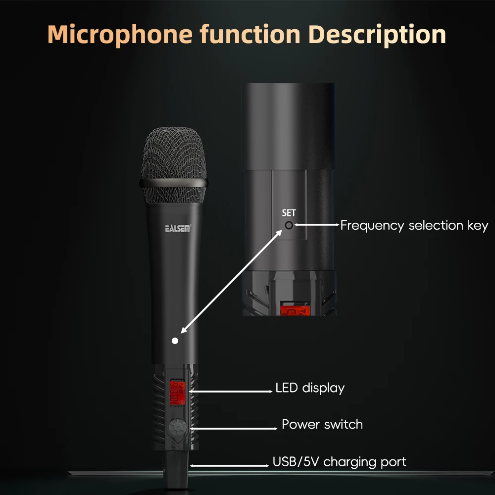 EALSEM UHF Dual Channel Metal Dynamic Microphone,Receiver With Adjustable Reverberation, Echo, Conference mode,For KTV,Stage