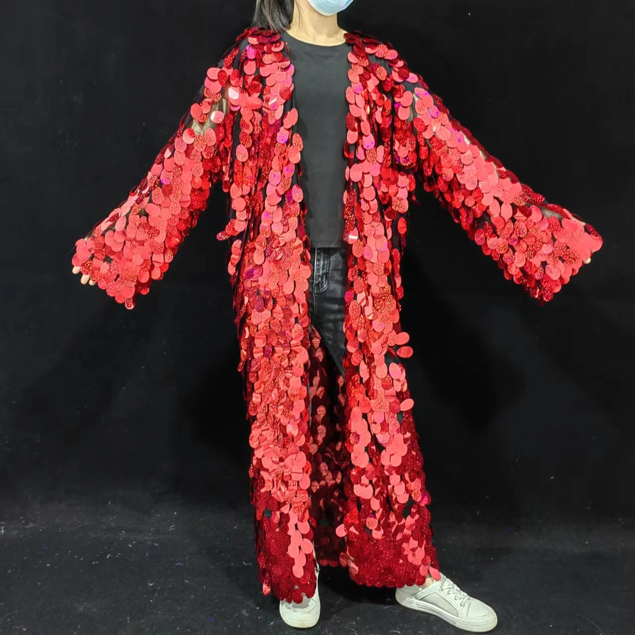 Shining Red Sequins Long Cloak Mesh Coat Singer Model Catwalk Overcoat Dance Costume Bar Stage Punk Hip Hop Performance Clothing