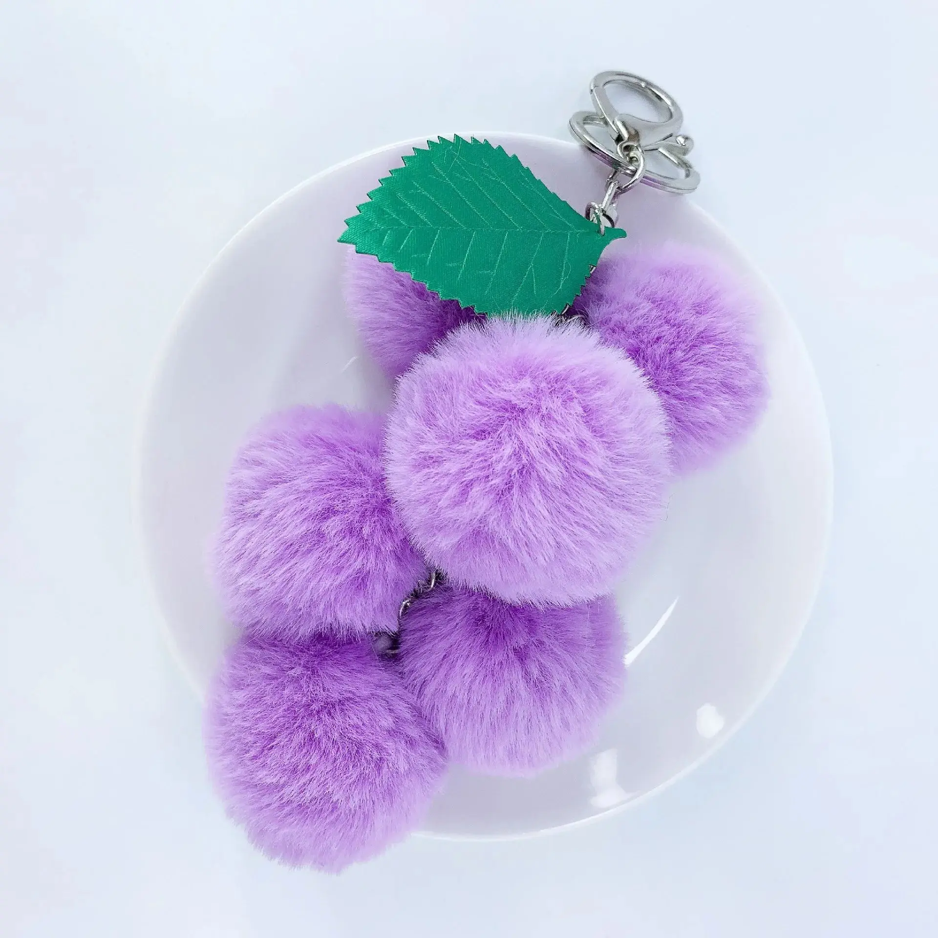 Fashion Creative Cute Grape Faux Rex Rabbit Fur Ball Key Chain Women Bag Trinket Car Keyring Jewelry Girl Party Gift K7