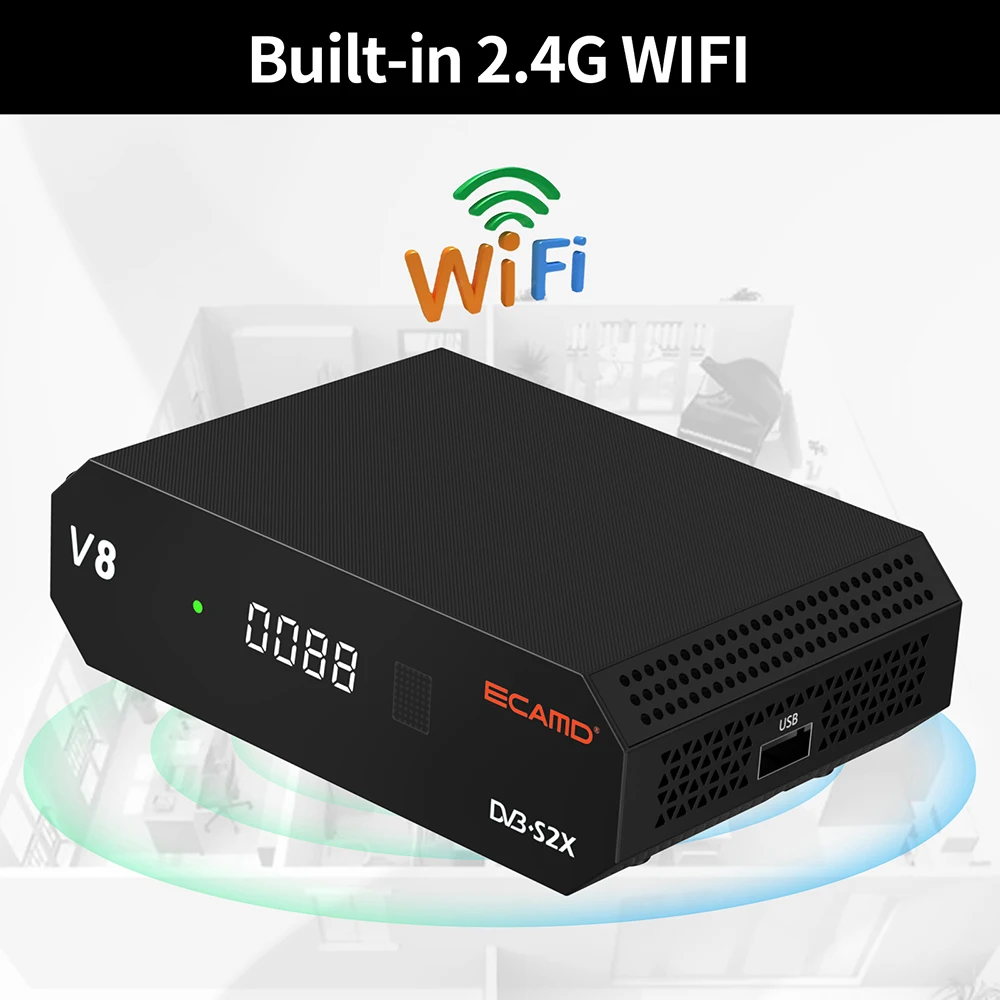 ECAMD V8 Satellite Receiver DVB-S2/S2/S2X Signal Decoder H.265 1080P FHD Built-in 2.4G WIFI Ethernet USB AV TV Box for Spain EU