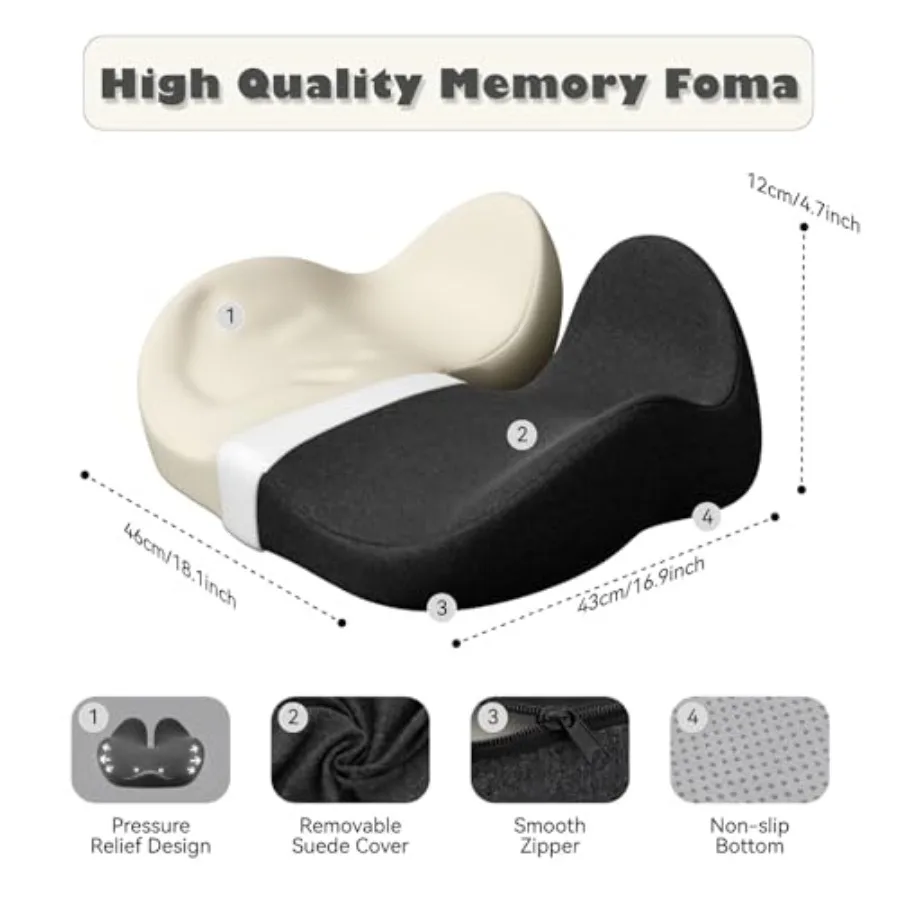 Seat Cushions for Office Chairs, Ergonomic Memory Foam, Dark Gray Contoured Pressure Support, Soft Modal Washable Cover, Non-Sl