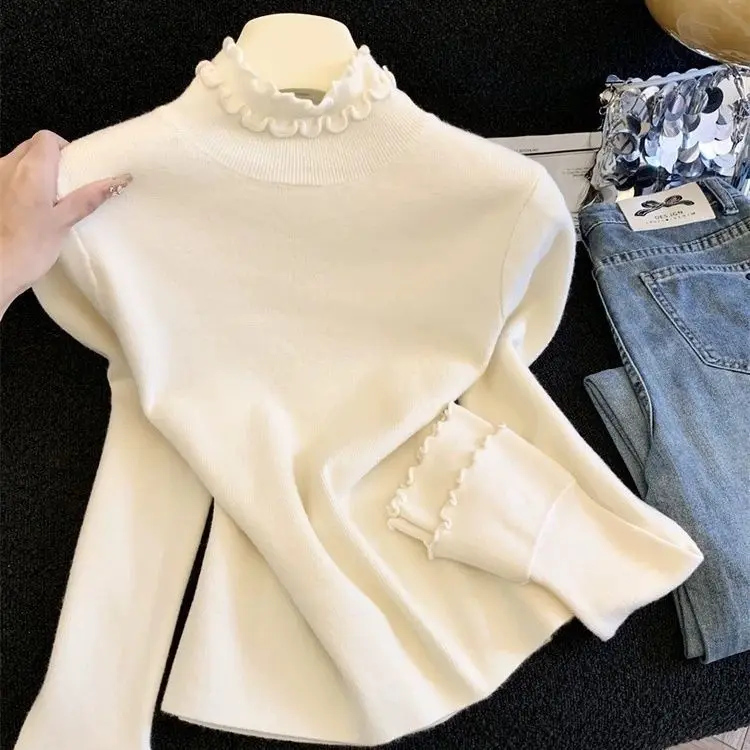 

Women Knitted Pullovers Jumpers Solid Base Sweaters Ruffles Stand Collar Long Sleeve Slim Office Lady Elegant Casual Autumn 2026