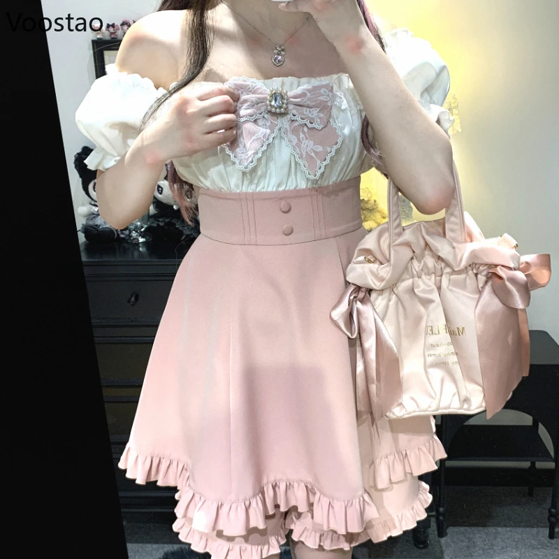 

Японское милое платье Лолиты с бантом и стразами, комплект с шортами, женские элегантные лоскутные вечерние платья с пышными рукавами, милые кавайные наряды Y2k