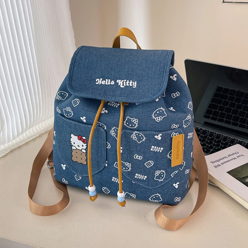 

Большой джинсовый рюкзак Sanrio Hello Kittys для женщин, милая мультяшная сумка-ведро, прочная сумка для путешествий и повседневного использования, подарки для девочек