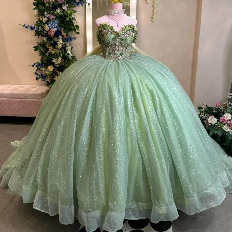 

EVLAST Shiny Sage Green Quinceanera Dress Ball Gown Lace Applique Crystal Beading With Cape Sweet 16 Vestido De 15 Anos TQD543