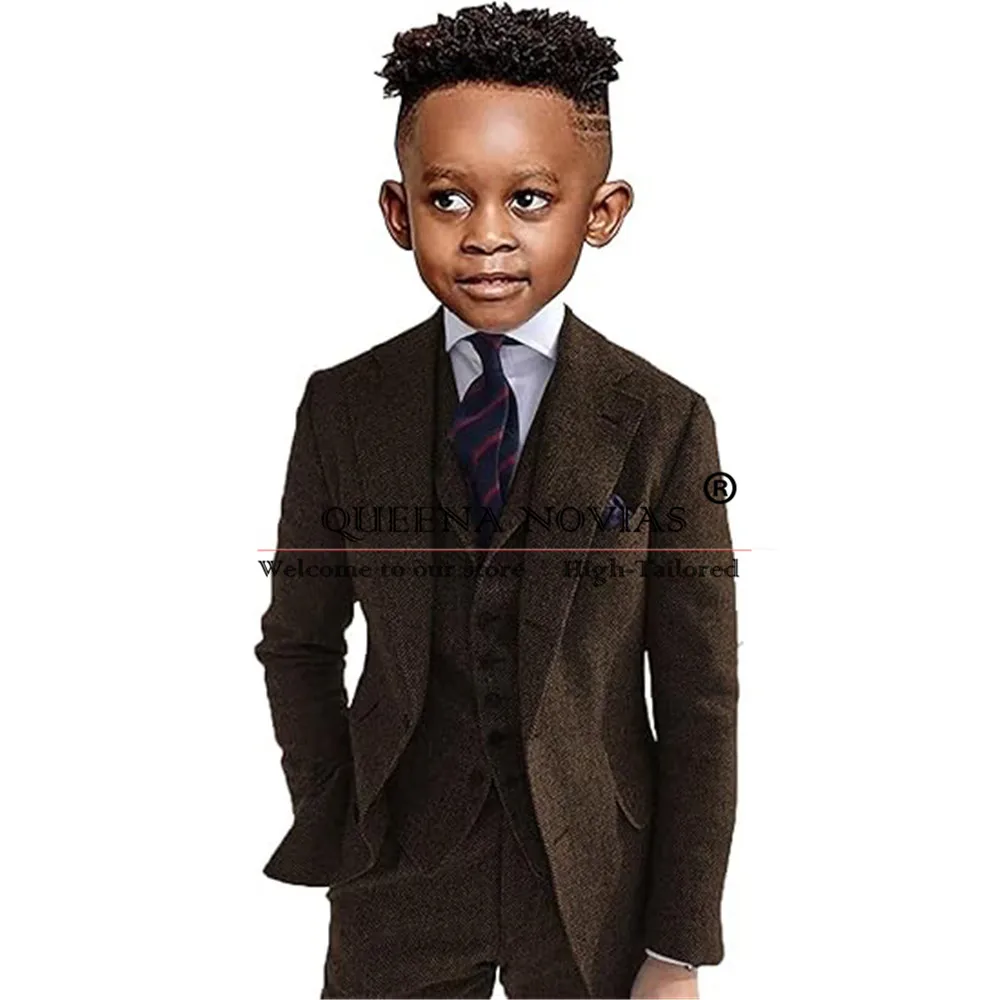 Kids Formal Suits For Boys Herringbone Tweed 3 Piece Slim Fit Dress Clothes Children Wedding Party Prom Tuxedos Bespoke Blazers