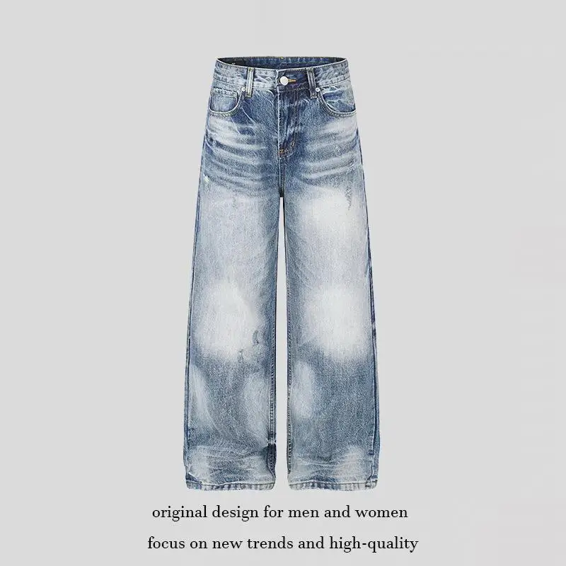Calça Jeans Retrô Americana Lavada com Estampa de Raios, Corte Reto Solto, Estilo Neutro, Calça Longa para Homens e Mulheres,...