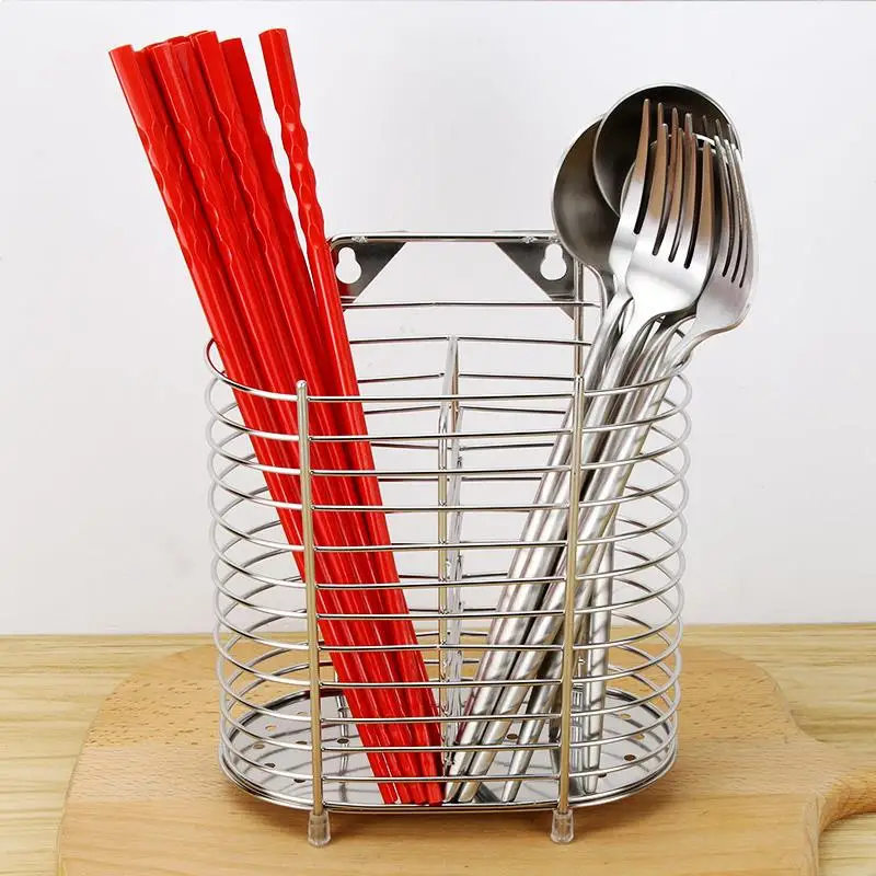 Stainless Steel Wall-Mounted Kitchen Chopsticks Holder Draining Spoon Rack Storage Box Hole Punching Design 2 Layers
