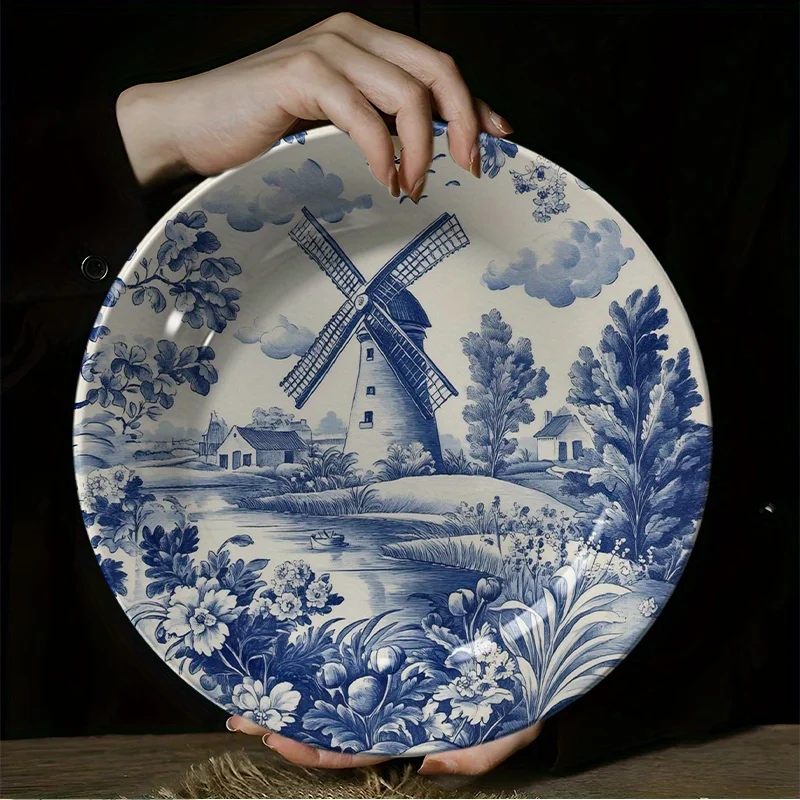 Arte de parede de cerâmica de moinho de vento holandês, 1 peça, cena de campo azul e branco vintage com moinhos de vento, casas e vegetação exuberante, rústico