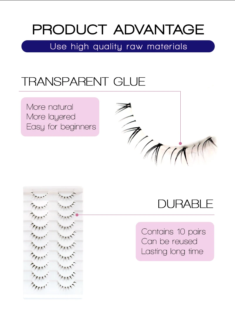 VIPUDA Untere Wimpern 5/10 Paar Natürliche Koreanische Augen Manga Untere Wimpern Cluster Klar Band Wispy Bottom Wimpern Cosplay Make-Up – Detail 4