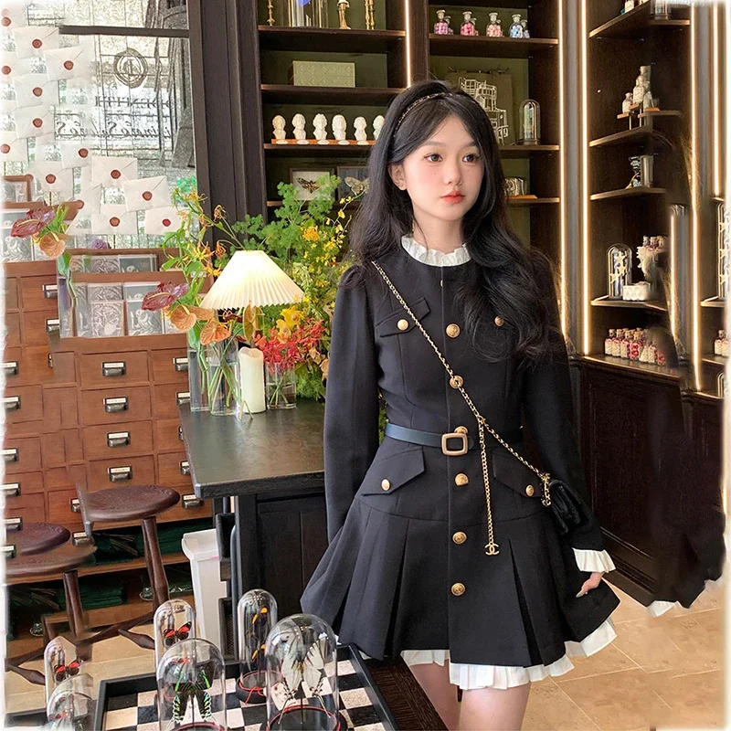 Elegant women dress long sleeve office ladies polo collar new Korean fashion chic sweet casual female mini dresses 2024