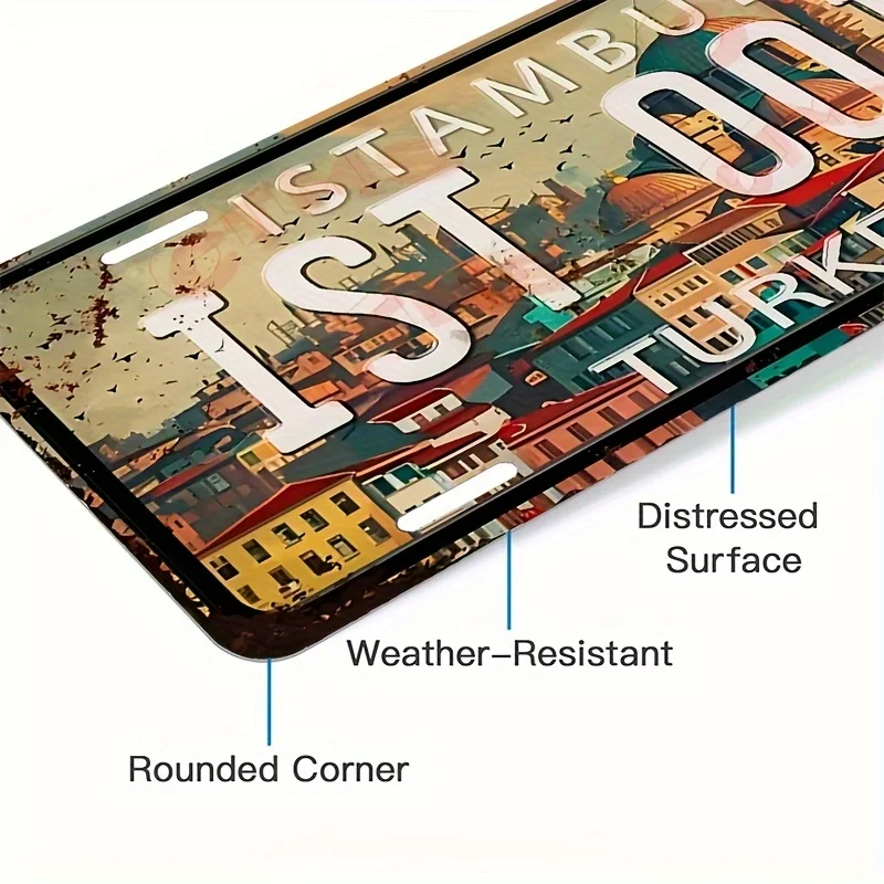 2D Flat, Vintage Istanbul Turkey Aluminum License Plate Matte Finish, UV and Scratch Resistant, Turkish Urban Landscape Design