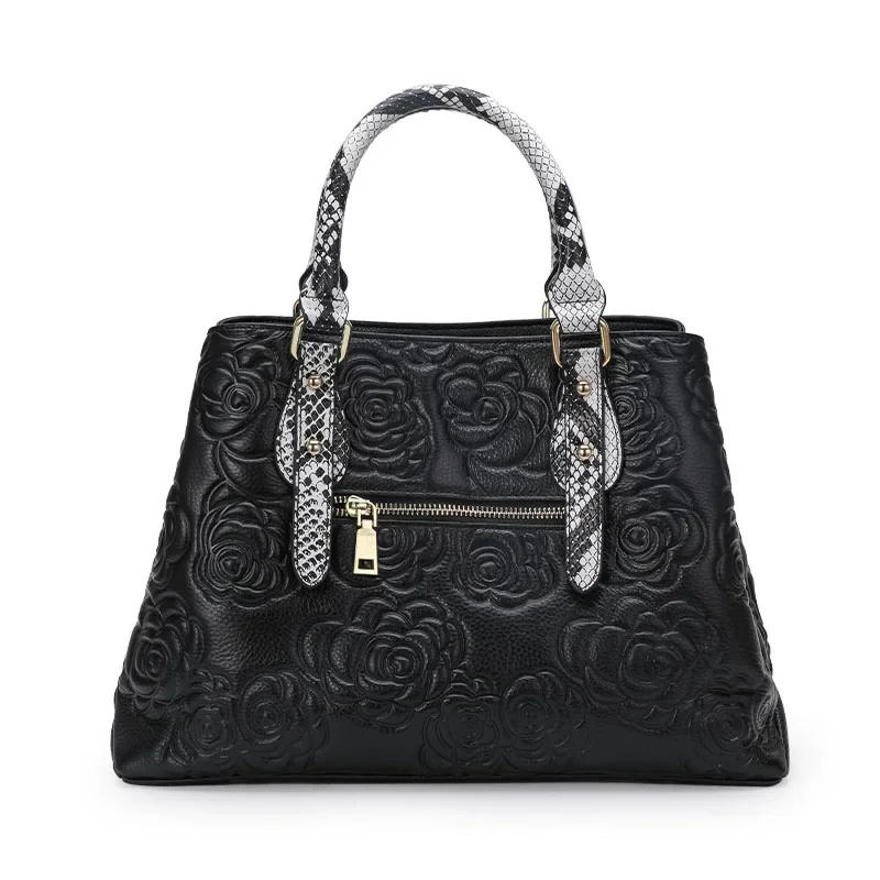 Aidrani Ladies 3D Floral Embossed Cowhide Handbag, Snake Print Handle Design, Detachable Crossbody Strap, Multi Pocket Shoulder