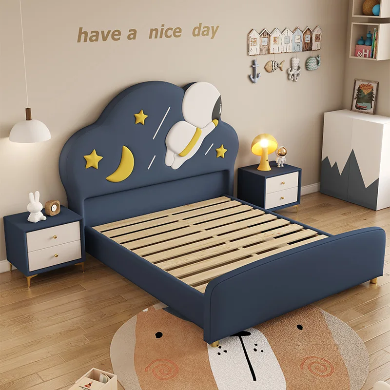 Children's bed boy cloud astronaut solid wood frame three pumping storage soft bag cartoon girl single bed