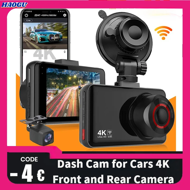 HAOGU Dash Cam for Cars 4K Front and Rear Camera Car Dvr WIFI Car Vehicle Video Recorder View  Parking