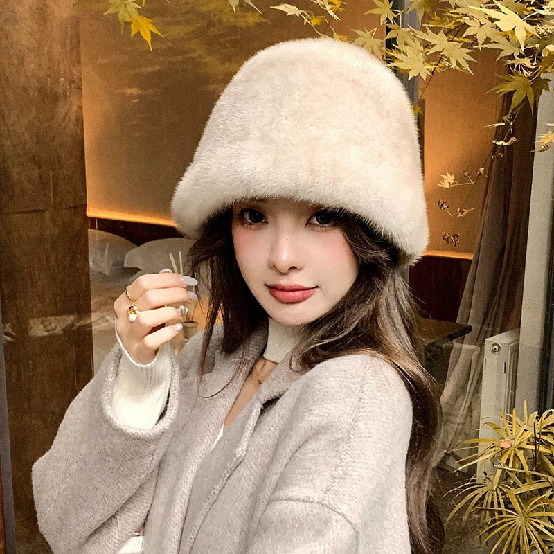 Winter Women's New Full SKin Mink Fisherman Hat Fashionable Large Size Sun Hat Korean Outdoor Thickened Ear Protection Hat