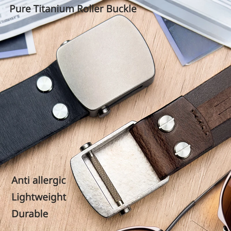 Pure Titanium Roller Buckle Belt For Men Automatic Roller Anti-Allergic Cowhide Belt Washed Vintage Belt Genuine Leather Belt