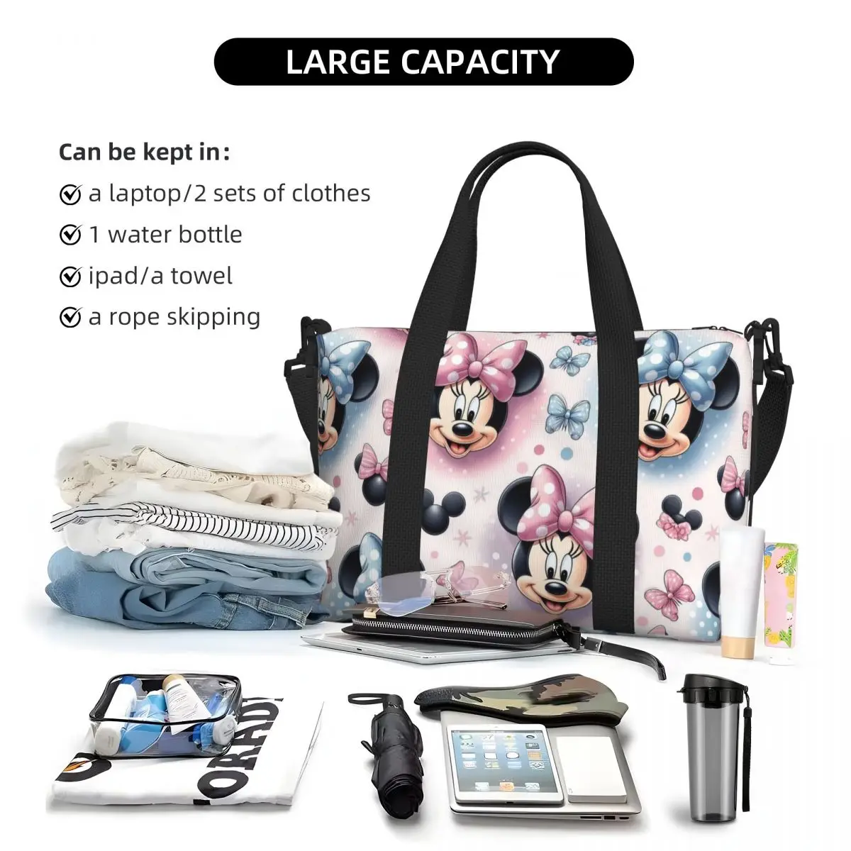 Custom Mickey Mouse Tote Bag for Women Large Capacity Beach Gym Travel Bags