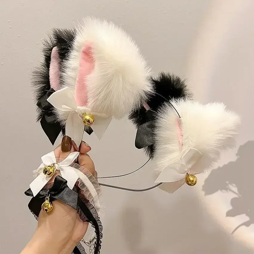 Fashion bando rambut telinga kucing rubah populer bando telinga kucing mewah Hairband lembut hitam putih dengan lonceng pesta Cosplay aksesoris rambut