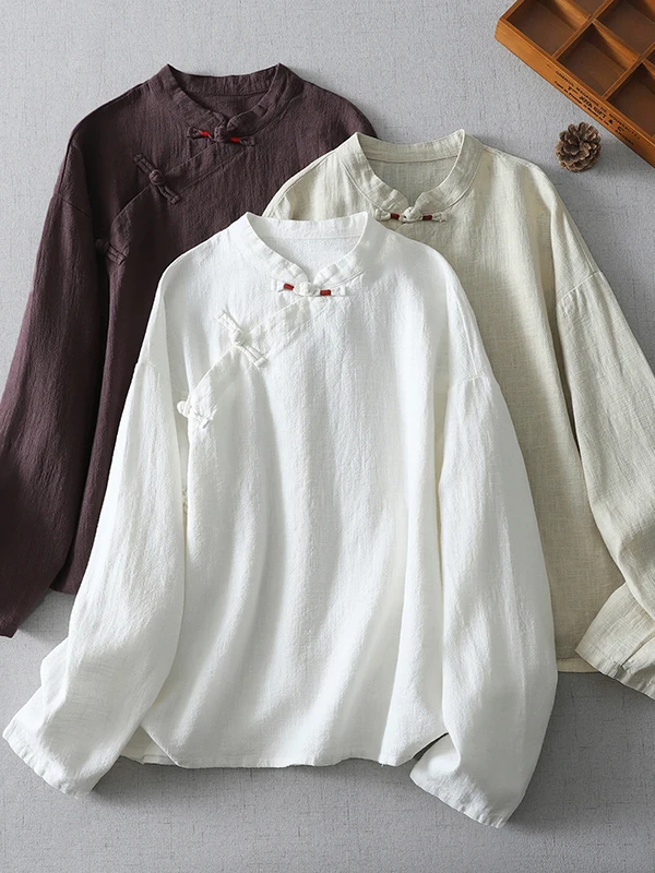 

Новая китайская женская одежда Sle Long Sve irt в стиле ретро, национальный воротник-стойка на пуговицах, чайная одежда, топ, дышащий, удобный L...