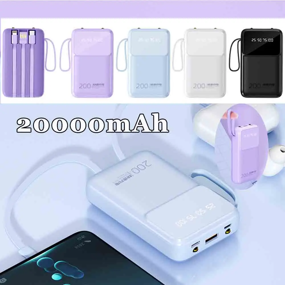 

Мини-Power Bank емкостью 20000 мАч, встроенные кабели USB-C, светодиодная подсветка, внешнее зарядное устройство, Powerbank для Samsung IPhone Huawei