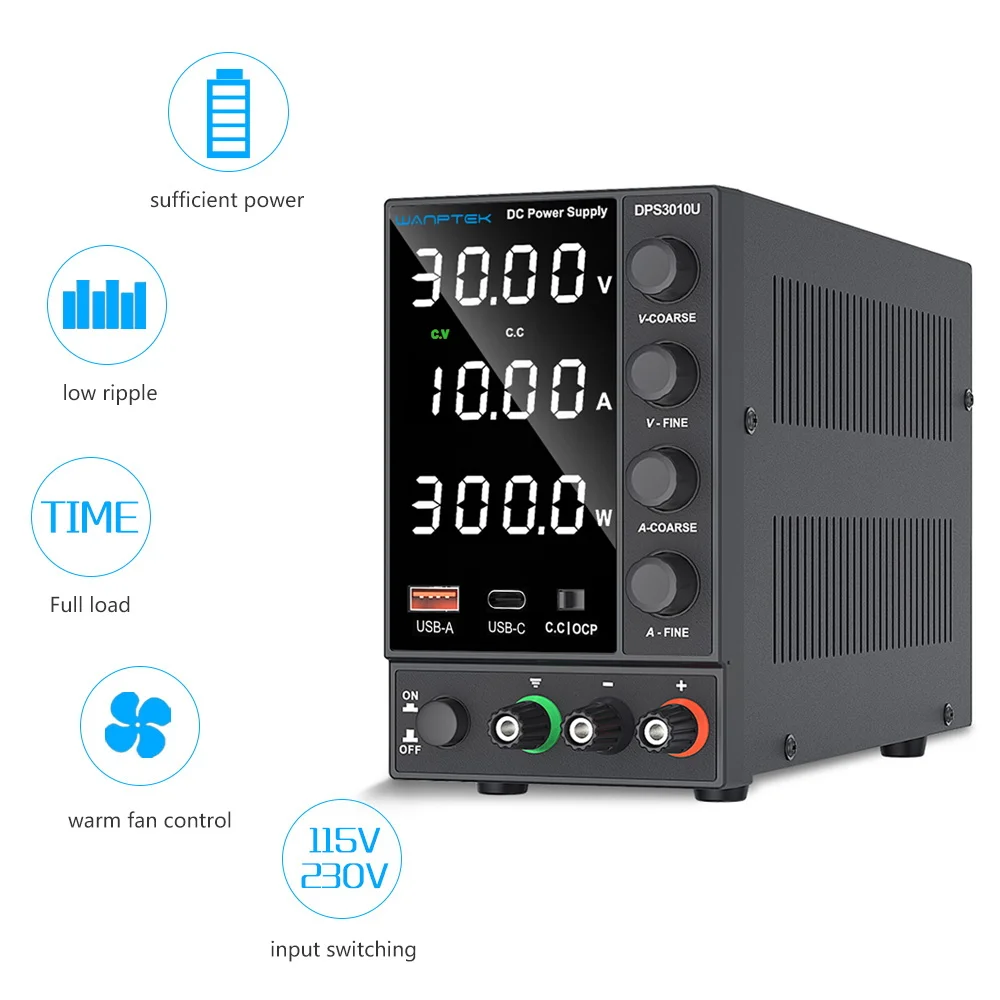 WANPTEK Adjustable DC Power Supply DPS3010U, 4 Digit Lab Bench Power Source, 30V 10A 5A AC Switching Stabilized LCD Regulator - Image 2