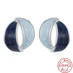 925 Silver Needle Simple Cute Small Enamel Geometric Stud Earrings Women Jewelry Dark Blue Drip Oil Earings Female Accessories