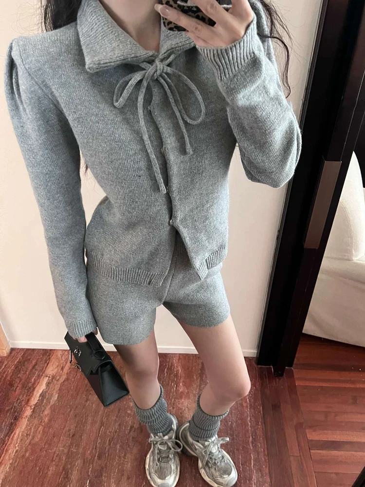 Autumn New Turn Down Collar Lace-up Loose Casual Long Sleeve Cardigan Women + High Waist Sexy Knitted Shorts Two-piece Suit