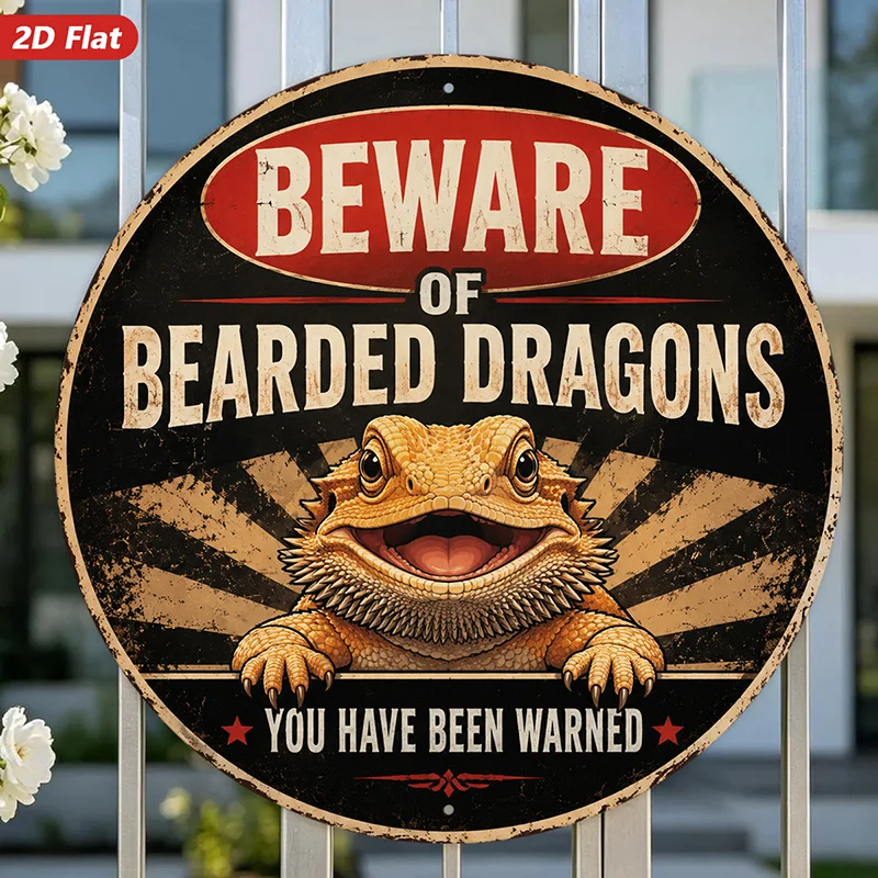 2D Flat, 1pc Bearded Dragon Warning Round Metal Sign Wall Art, Beware Message, Home Decor, Bold Vintage Typography, Suitable for