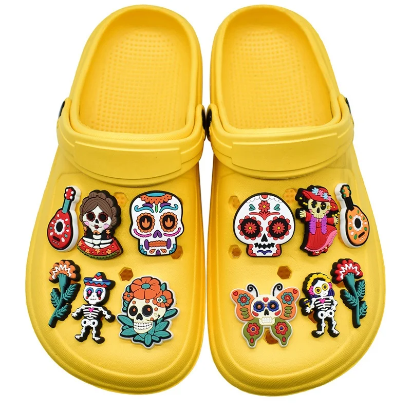 Day Of The Dead Theme PVC Shoe Charms Colorful Skull Head Guitar Skeleton Cat Pattern Shoe Buckle Accessories Holiday Gift