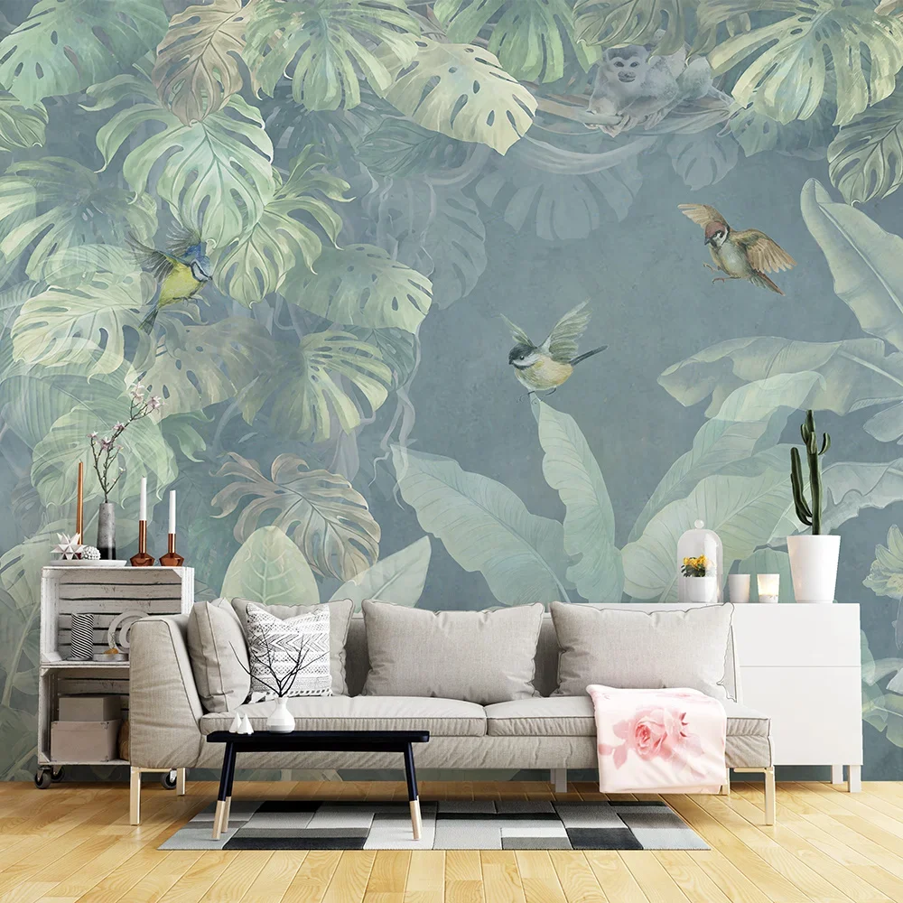 Full size custom wallpaper with light tone and fresh jungle flowers and birds theme decoration mural