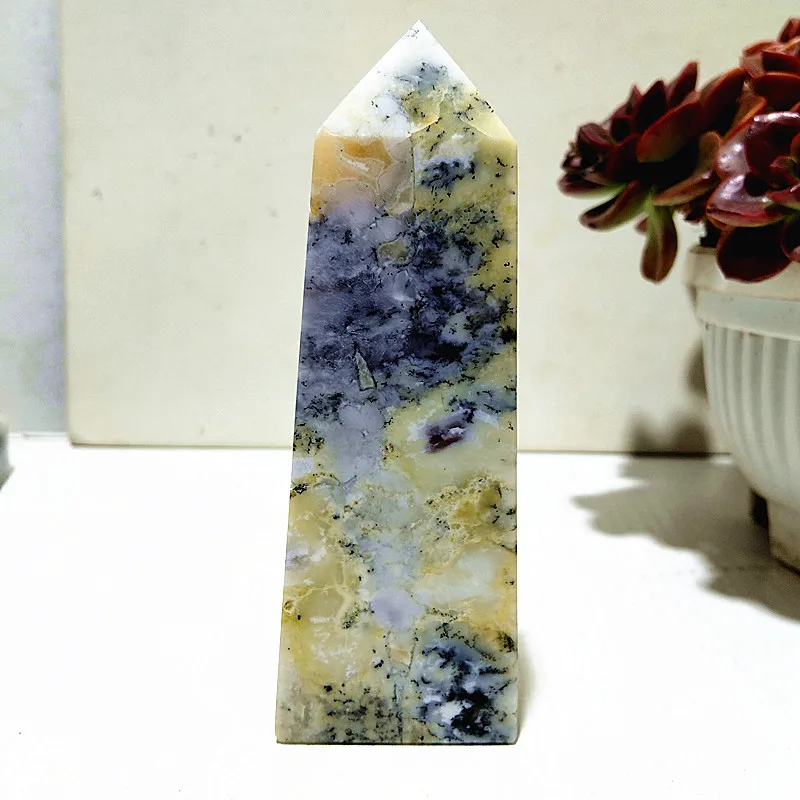 

Natural Stone Dendritic Opal Crystal Tower Wand Point Home Decoration Four Prisms Wicca Chakra Healing Crystals Decor