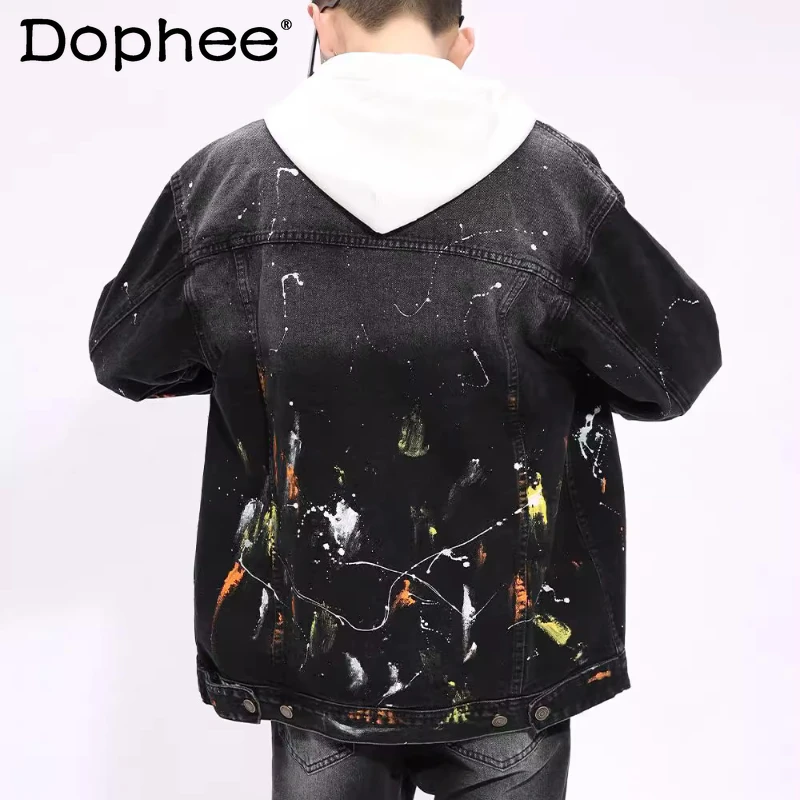 

Men's Trendy Colorful Ink Splash Denim Jackets Men Women 2025 Autumn New Loose Denim Coats Handsome Long Sleeve Denim Jackets