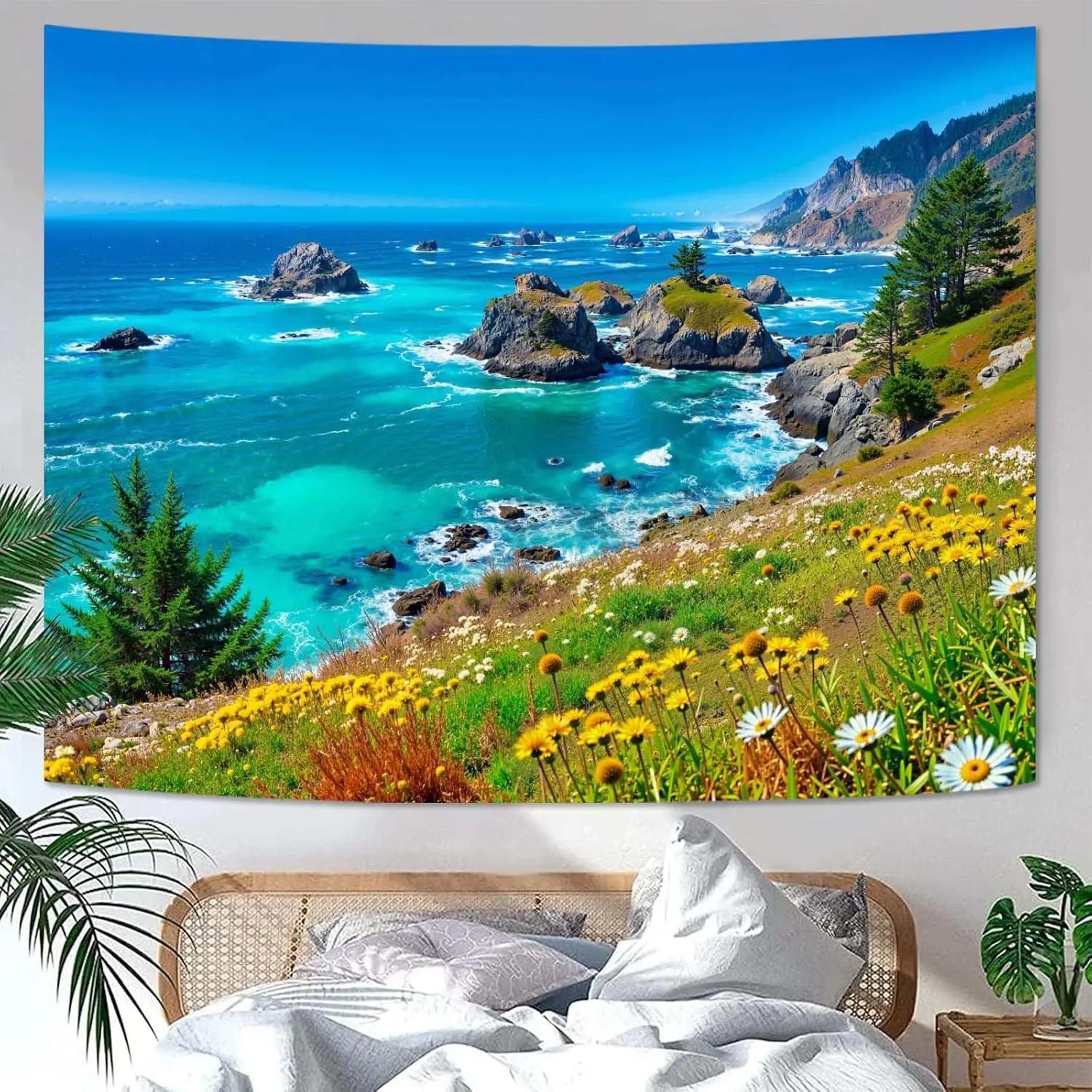 Nature Mountain Tapestry Coastal Mountain Grassland Tapestry for Bedroom Aesthetic Blue Ocean Landscape Small Tapestries