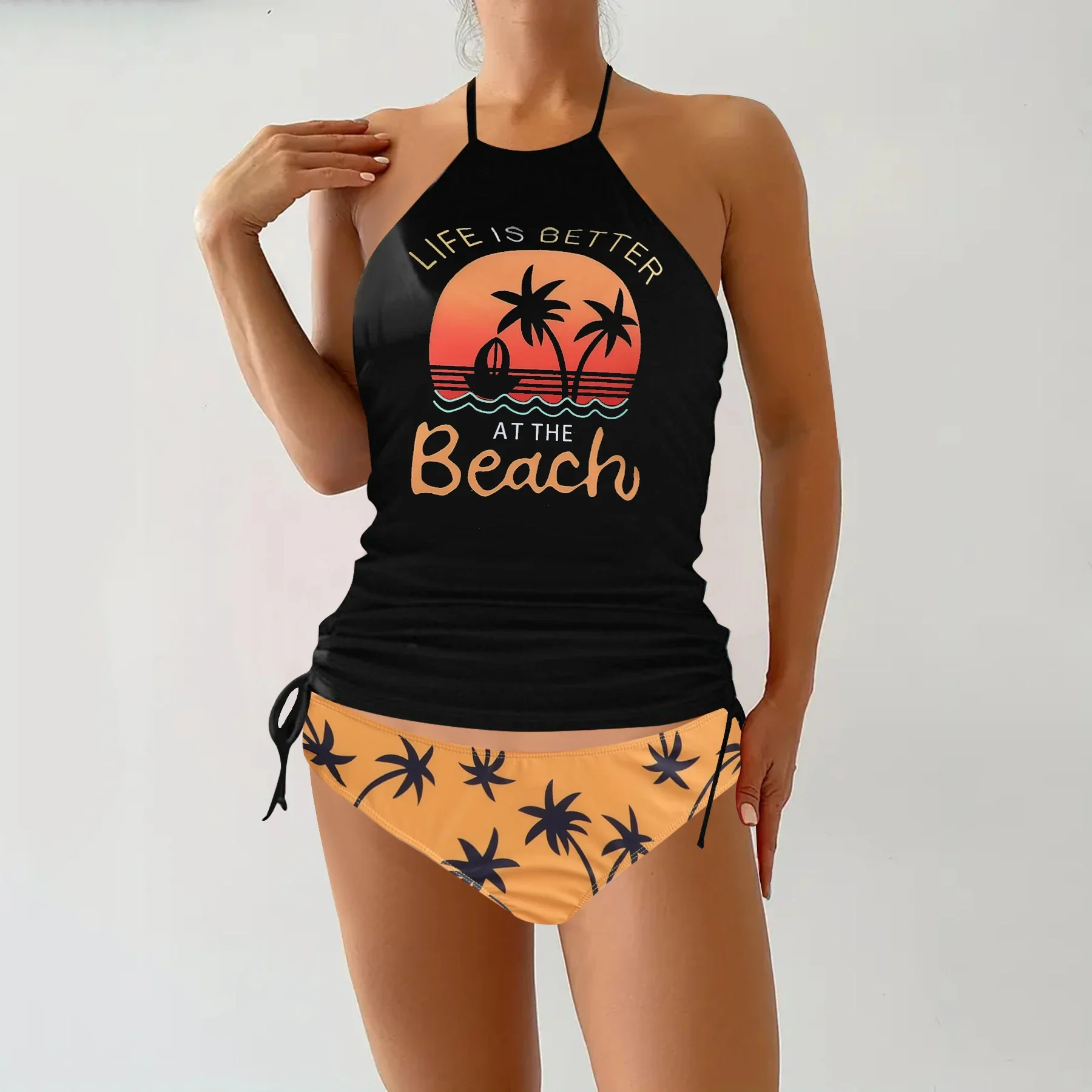 Women's Tankini Swimsuit Set, Floral Print Backless Two-Piece Swimwear, Fashionable Beachwear with Tank Top & Shorts Sexy Bikini