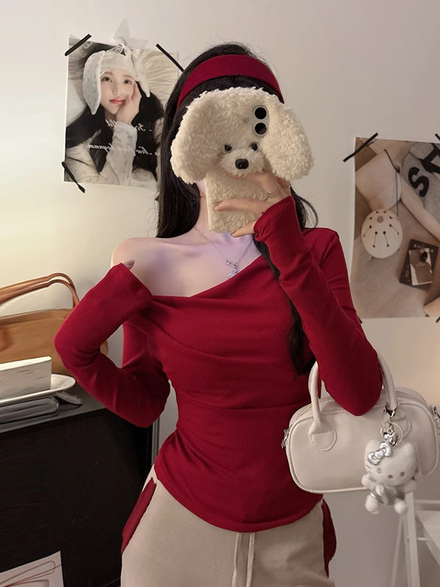 Elegant Slim Fit Long Sleeve Women's Base Shirt Chic Shoulder Angle Pleated Pure Color Daily Wear Autumn Fashion Top