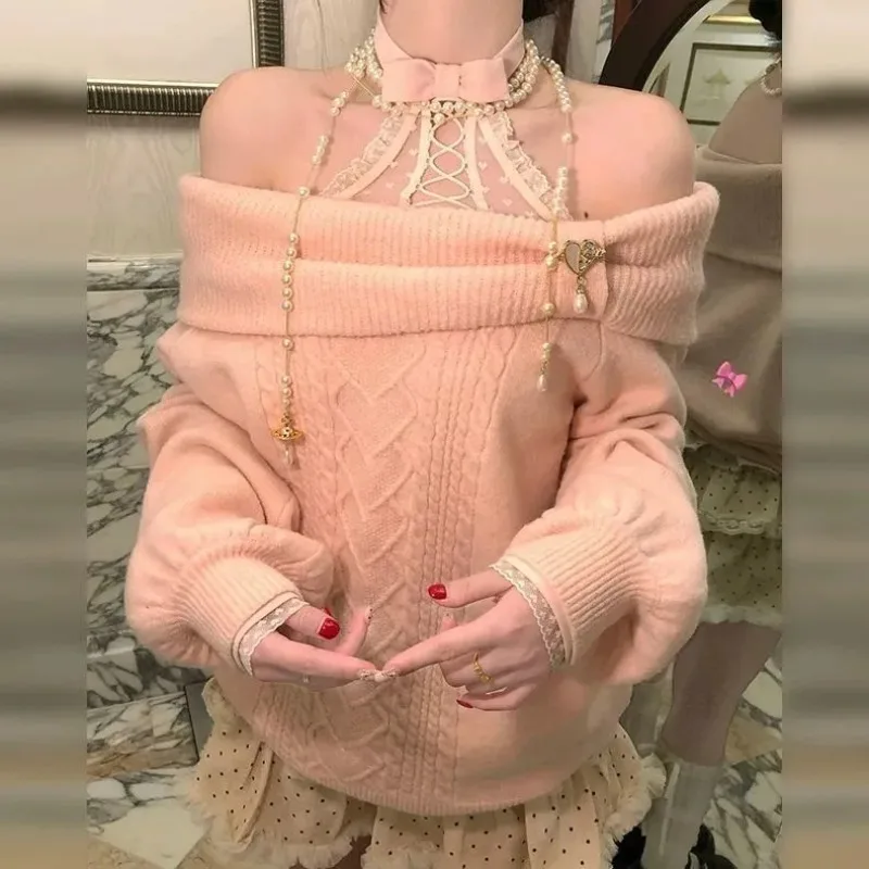 

Women's Autumn Winter Sweet Off-Shoulder Pink Sweater Pullovers Lady Japan Korean Graceful Knit Tops New Knitwear Female