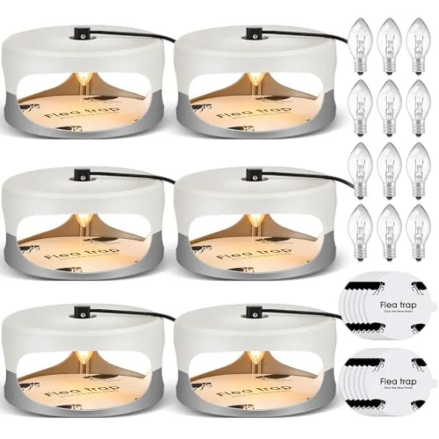 

6 Pack Flea Traps for Indoor Use with Light Attraction, White Gray Plastic, Safe for Pets, Includes 8 Sticky Discs, 12 Bulbs, 4