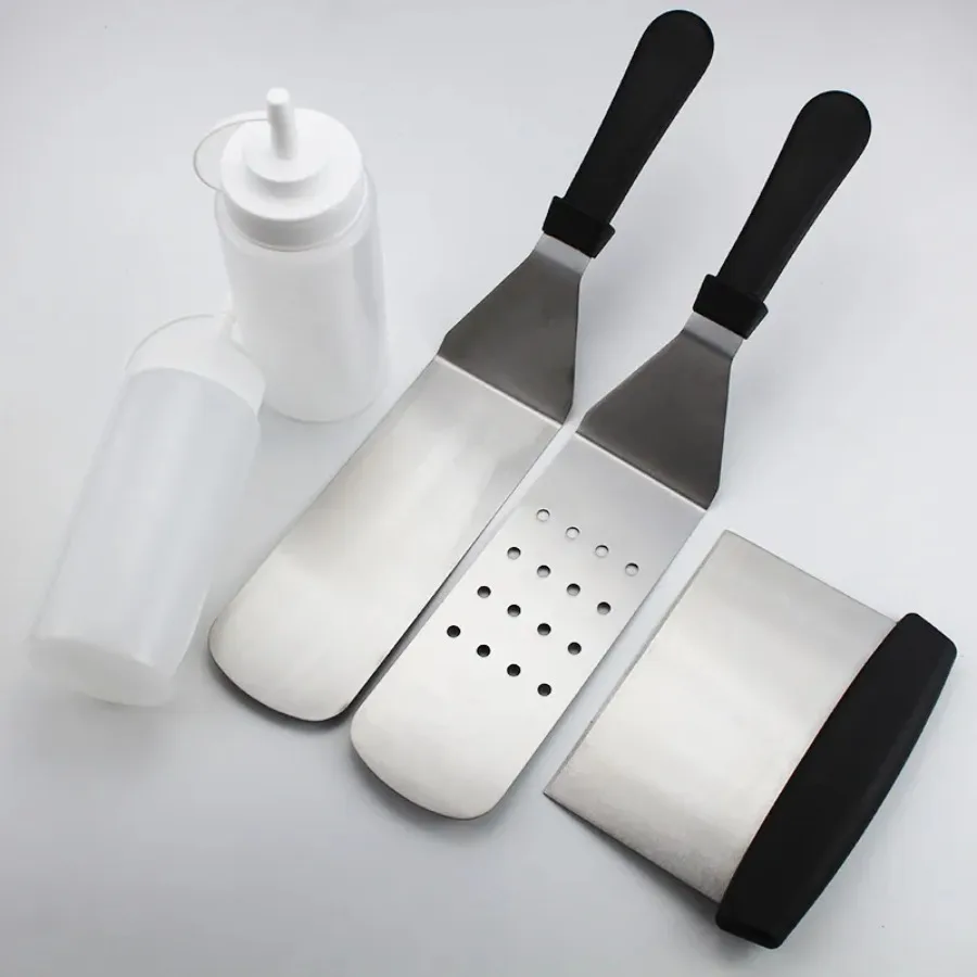

Stainless Steel Barbecue Tool Set Ergonomic Handle - 2 Perforated Flat Spatula, Turner, Scraper, 2 Squirt Bottles - Grilling, C