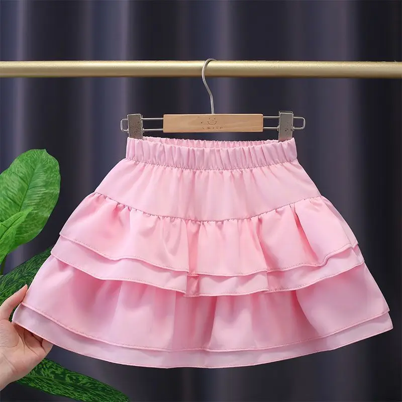 Summer Baby Girls 4-Layer Lotus Leaf Skirt with Elastic Waist Pleated Preppy Style Kids Junior Girl Dance Skirt