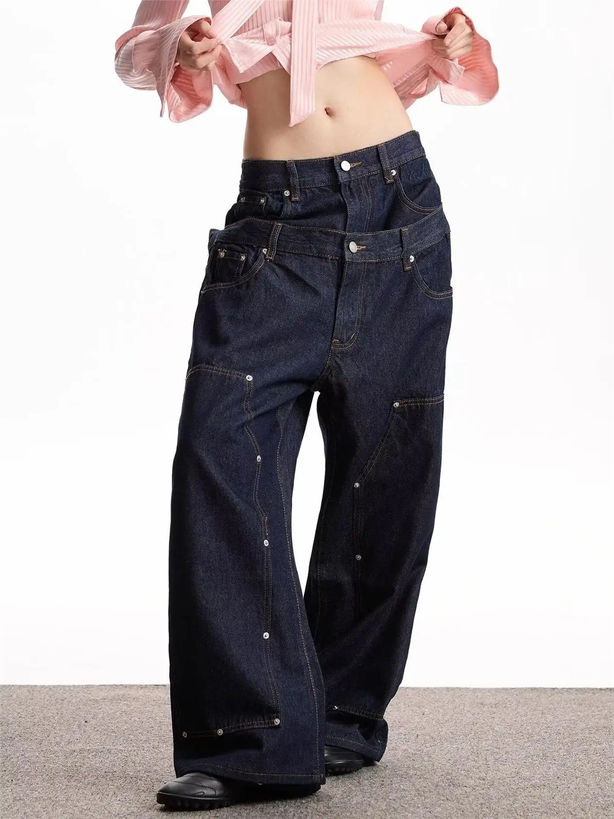 Loose Wide Leg Denim Jeans Unisex High Waist Patchwork Workwear Trendy Brand Cross-Border Hip Hop Casual Comfortable Jeans
