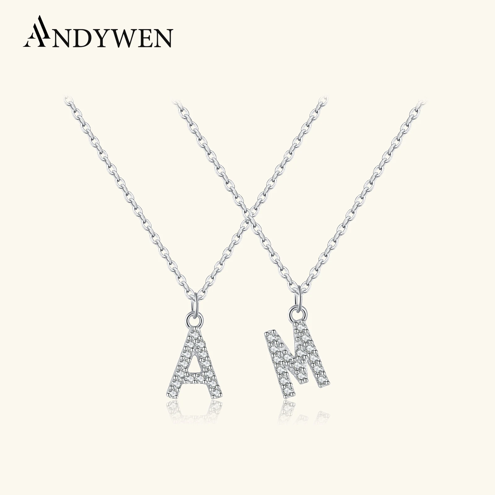 ANDYWEN 925 Sterling Silver Alphabet Initial Monogram Letter Pendant CZ Zircon Necklace Long Chain for Women Jewelry Gift