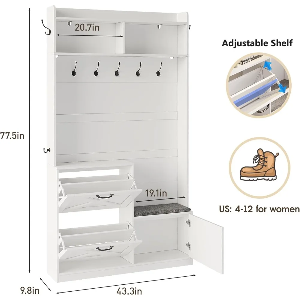 مقعد مدخل لتخزين الأحذية مع رف معطف، وأضواء LED، وشجرة قاعة طويلة 78 تتميز بـ 9 خطافات معطف