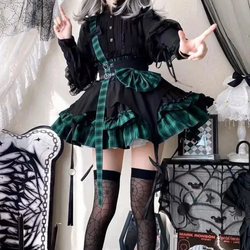 Y2K Electronic Cat Grid Cake Skirt Half Skirt SK Checkered Dark Girl Song Dress Anime Lolita JK A-line Midi Mini Dresses New