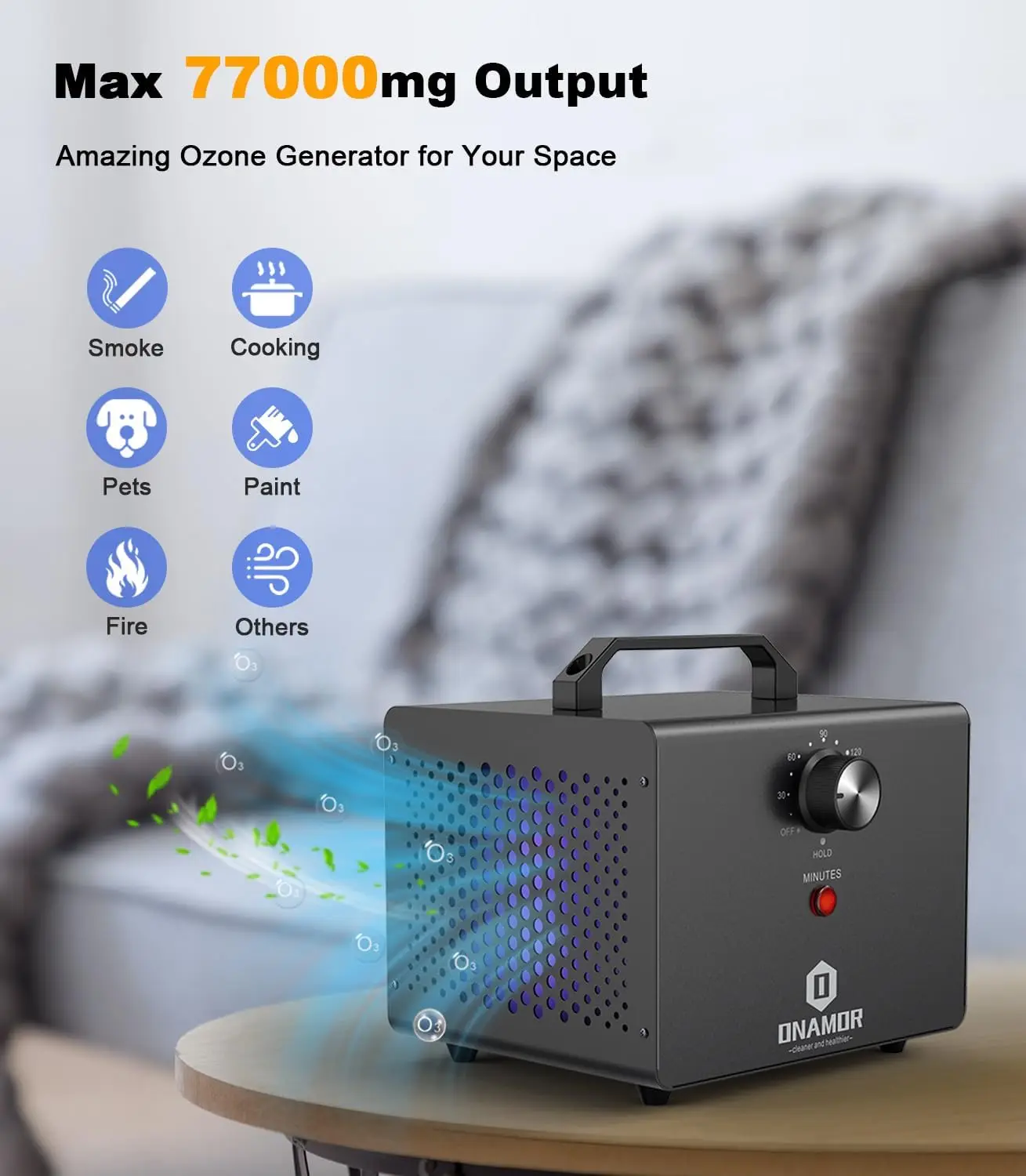 Ozongenerator 77000 mg, ozonmachine-ionisator O3-deodorant voor thuis, kelder, rook en huisdierkamer (eliminatie van geuren A