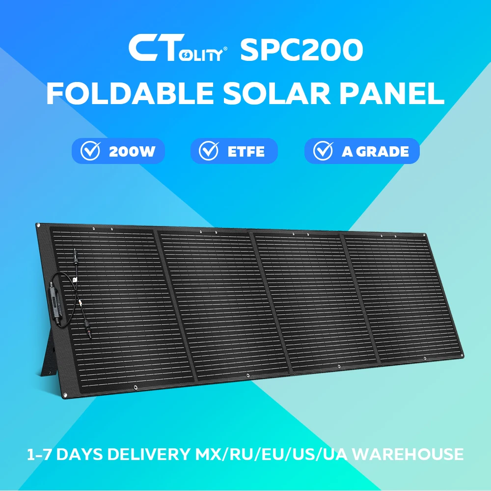 CTOLITY SPC200 Foldable Solar Panel A Grade 200W ETFE IP68 Waterproof High Efficiency 23% 20.5V Solar Generator 16AWG 1M RV Camp