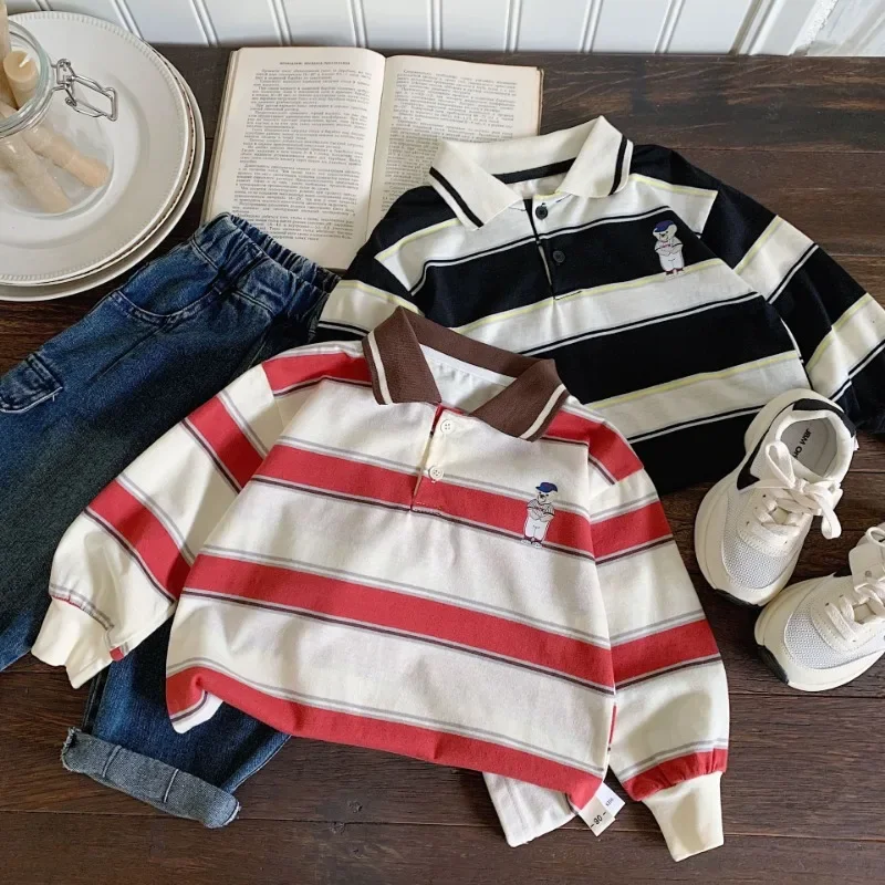 Spring Fall Kids POLO Shirt Korean style Boys striped turn-down collar T-shirt Girls long sleeve Tops