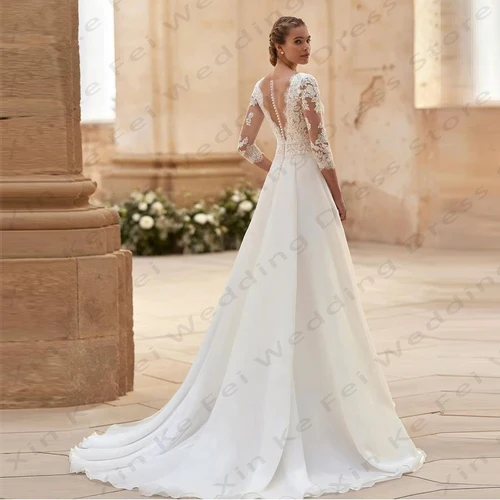 Imagen 2 del producto Vestidos de novia elegantes con cuello en V para mujer, apliques de encaje, manga larga, corte en A, vestidos de novia formales para fiesta en la playa, invitados de bienvenida