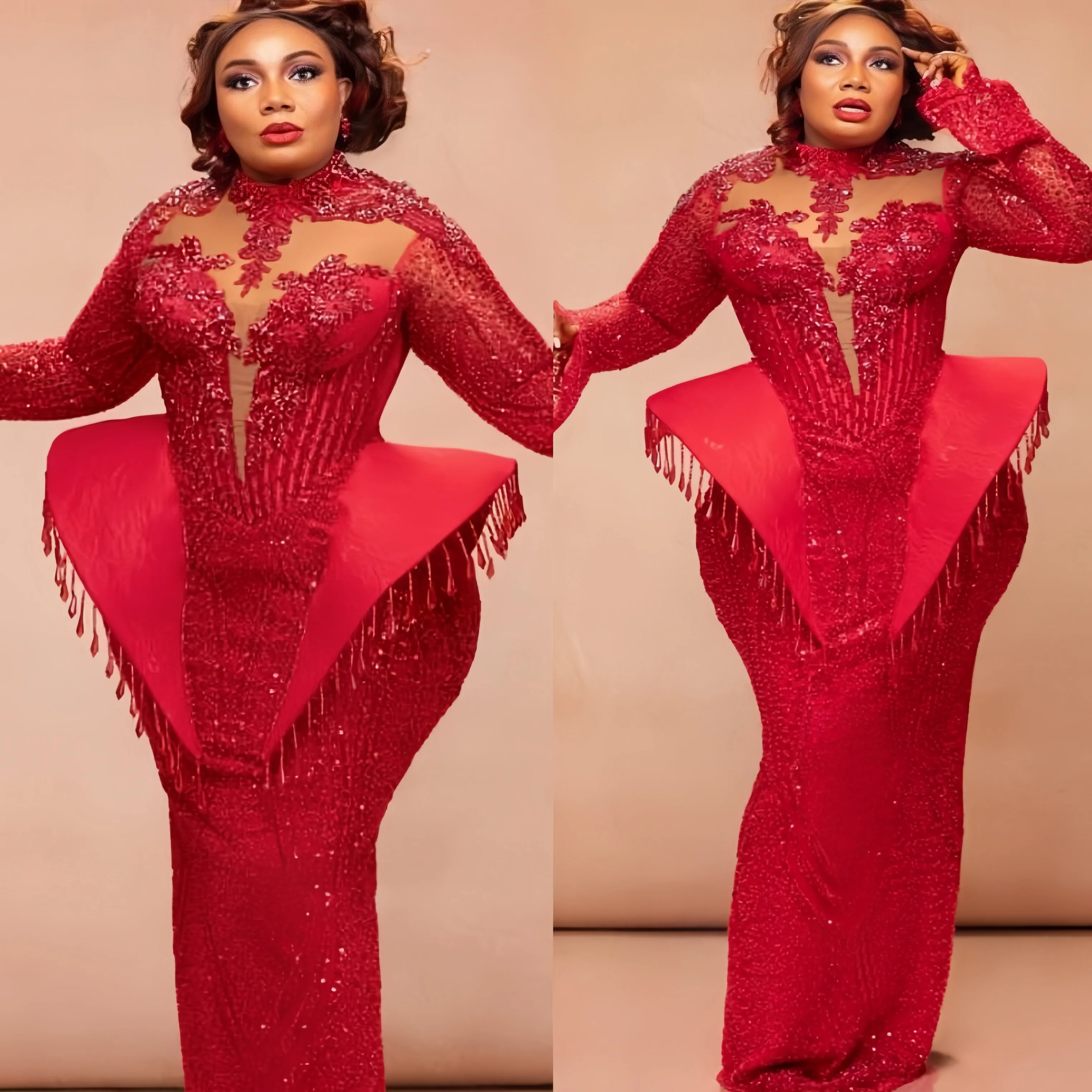 

Красные прямые платья для выпускного вечера Aso Ebi 2025 с кристаллами, расшитые бисером и блестками, с длинными рукавами, вечерние платья для торжественных вечеринок, дня рождения, платья ZJ2646