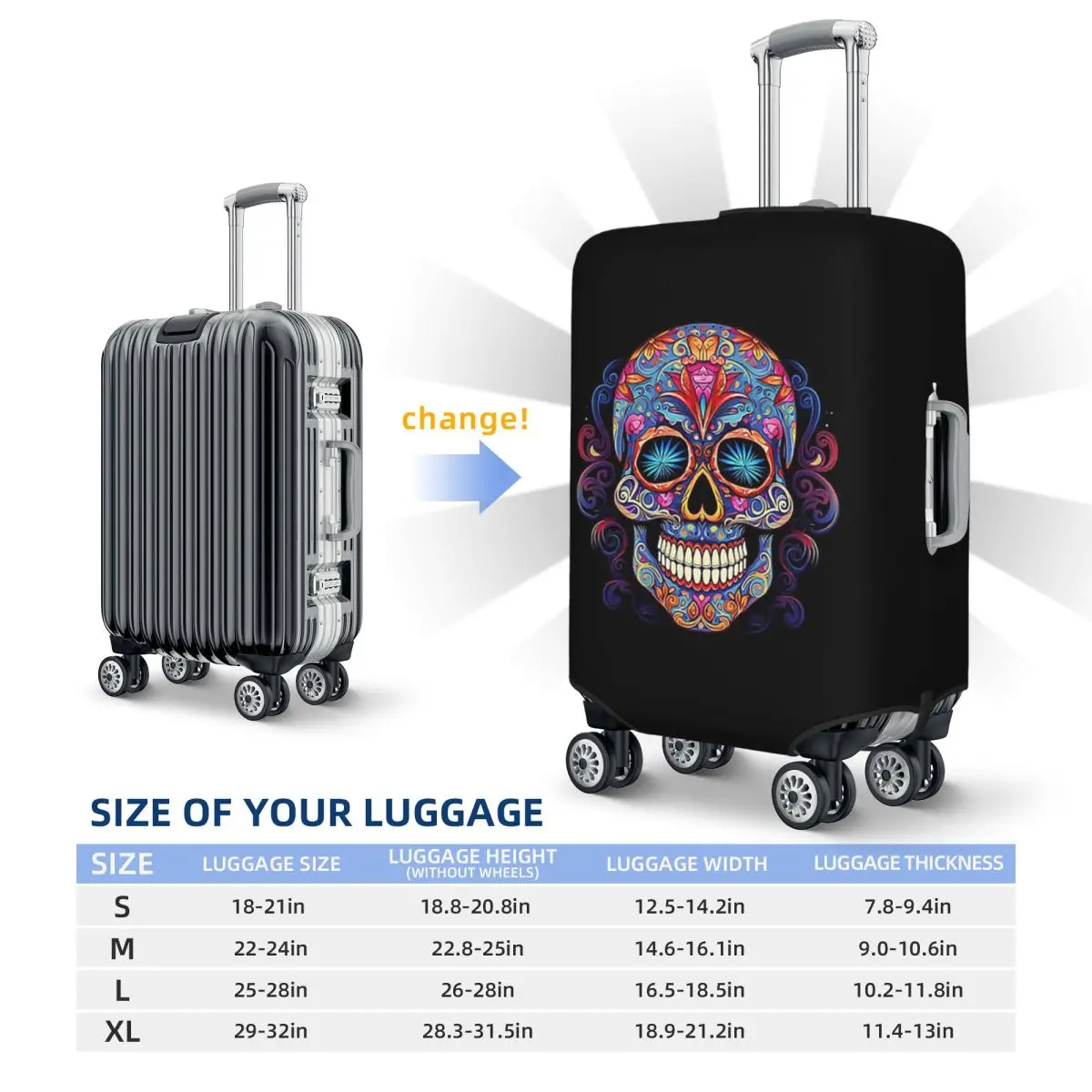 Teschio di zucchero messicano Giorno dei morti Teschio di zucchero Protezione della copertura della valigia Coperture protettive per bagagli da viaggio elastiche per 18-32 pollici